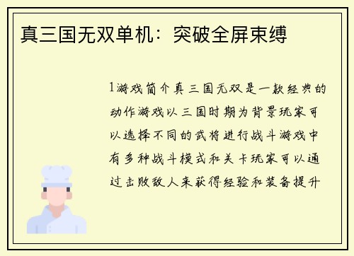 真三国无双单机：突破全屏束缚