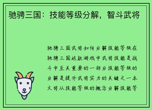 驰骋三国：技能等级分解，智斗武将